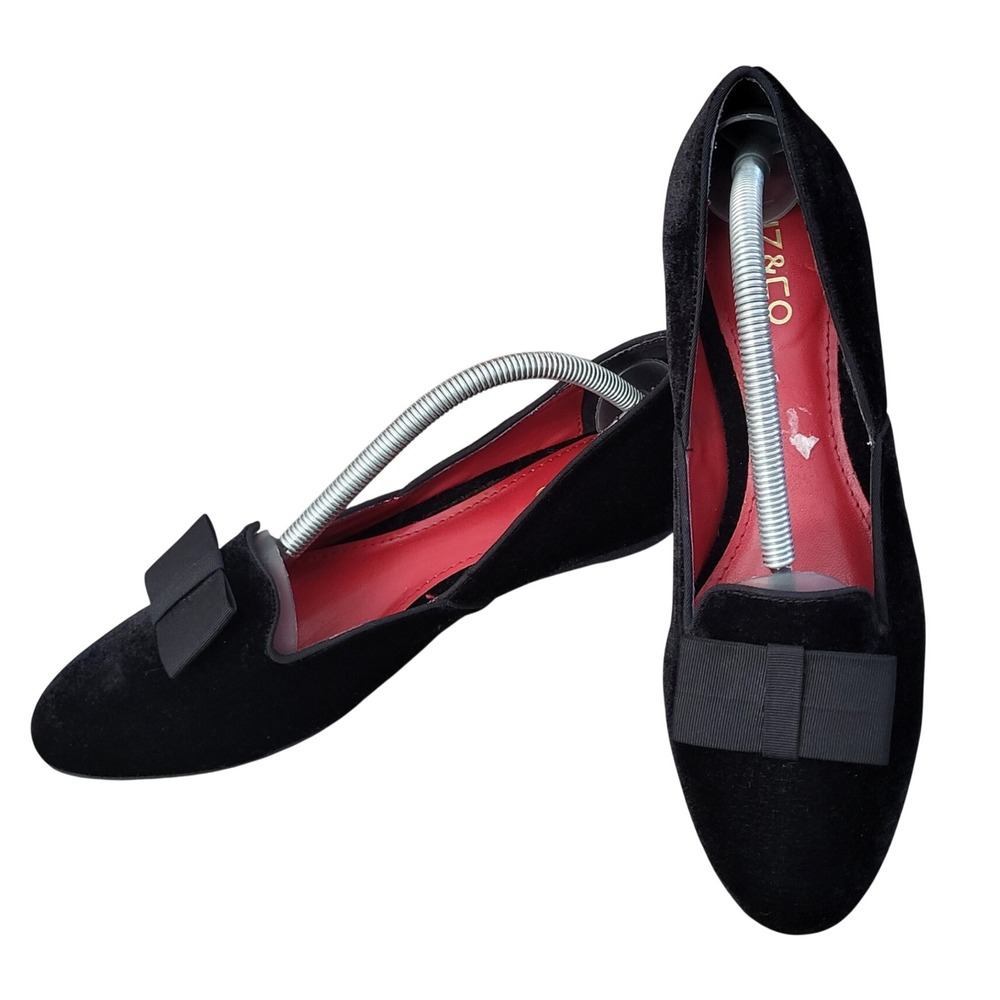 Liz & Co Vintage Womens Black Velvet Smoking Loafers Bow Low Wedge Flats 8.5